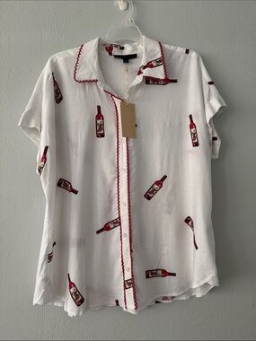 Jane and Delancey White Short-Sleeve Button Front Blouse with Red Bottle Print